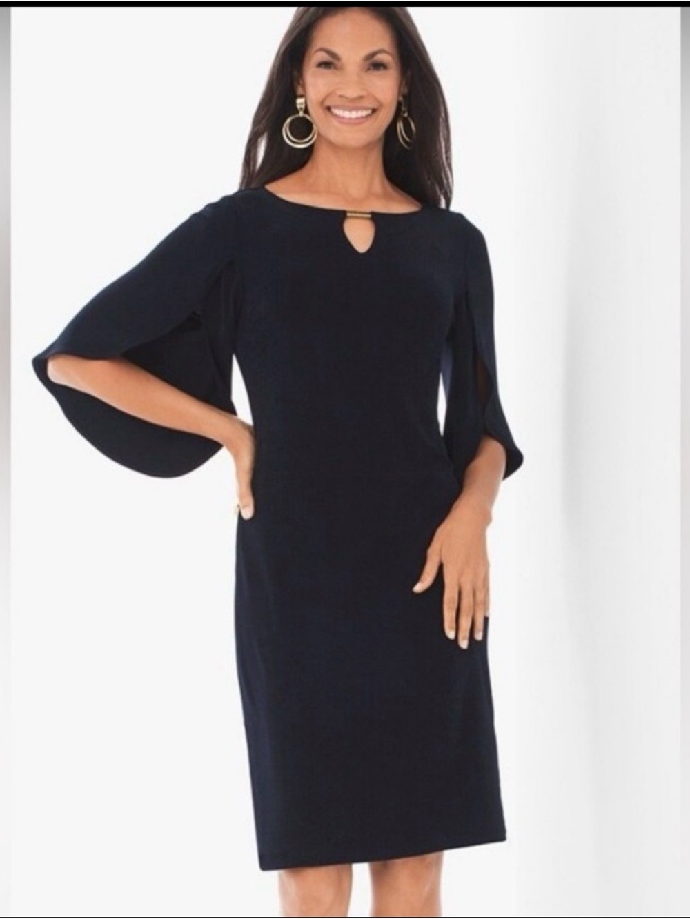 CHICOS TRAVELERS wrinkle-free slinky dress knee length black gold split sleeve 2